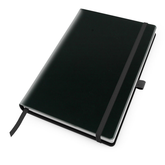 Deluxe Soft Touch A5 Notebook with Black Elastic Strap & Pen Loop.