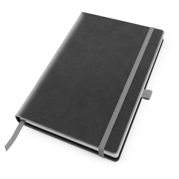 Dark Grey Deluxe Soft Touch A5 Notebook with Elastic Strap & Pen Loop.