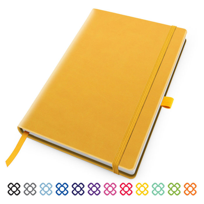 Deluxe Soft Touch A5 Notebook with Elastic Strap & Pen Loop in 12 colour ways.