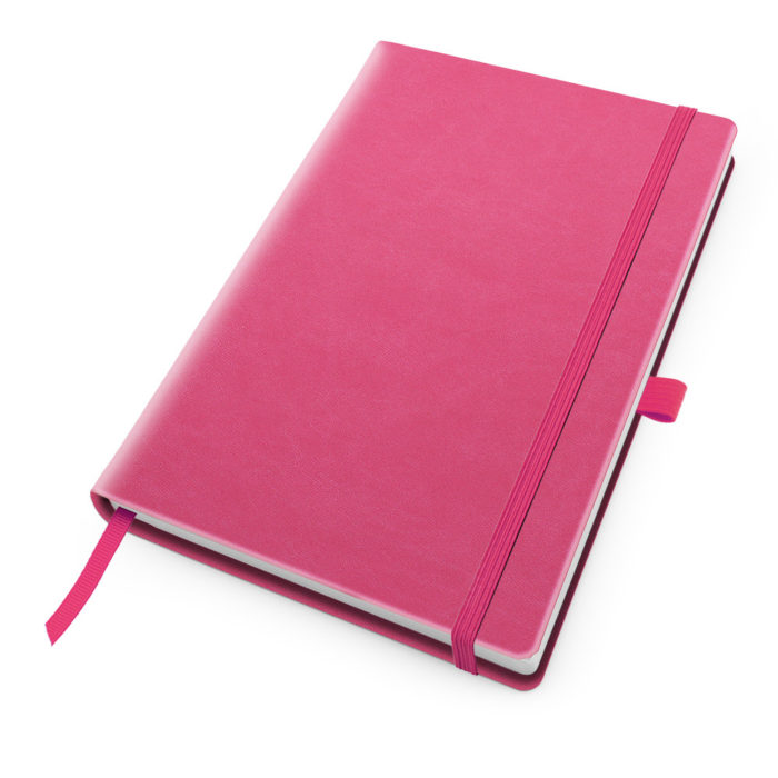 Hot Pink Deluxe Soft Touch A5 Notebook with Elastic Strap & Pen Loop. Made in the UK with white lined recycled paper.