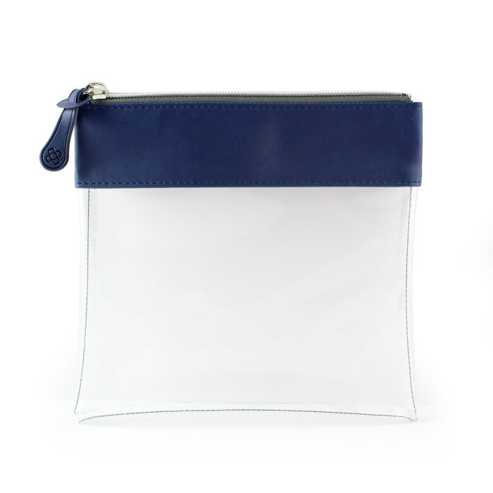 Clear Zipped Travel Pouch with Marine Navy Trim.