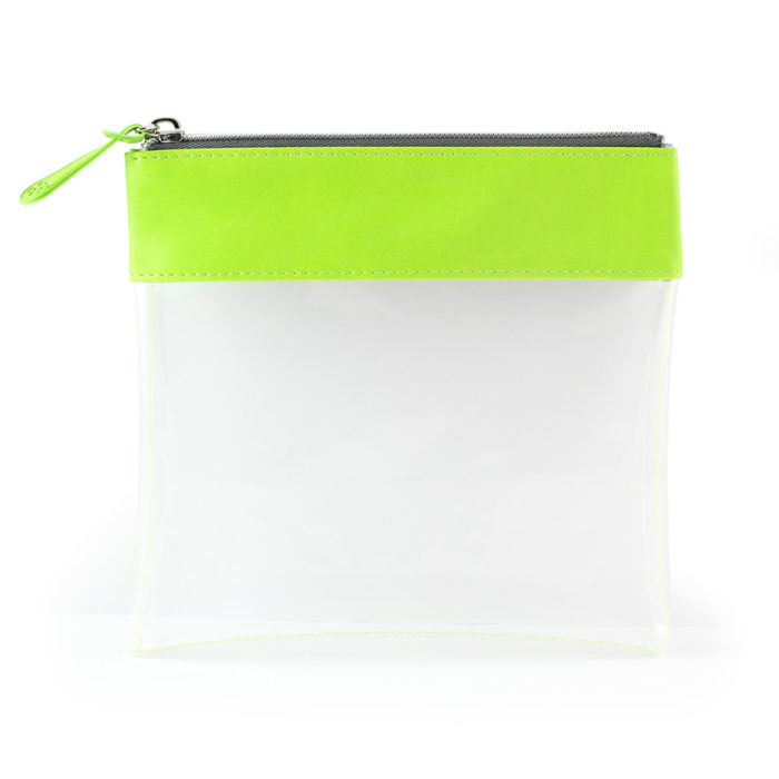 Clear Zipped Travel Pouch with Pea Green Trim.