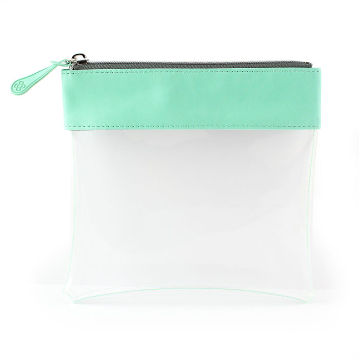 Clear Zipped Travel Pouch with Peppermint Trim.
