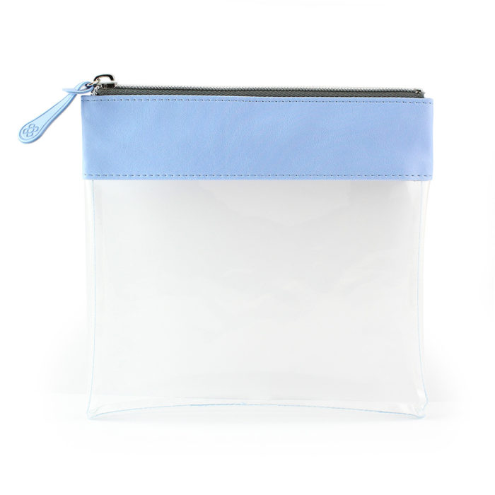 Clear Zipped Travel Pouch with powder Blue Trim.