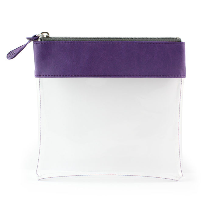 Clear Zipped Travel Pouch with Purple Trim.