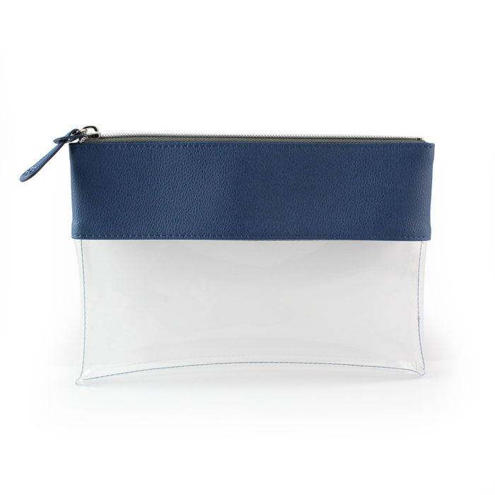 Blue Recycled Como Travel Pouch or Pencil Case with a clear body.