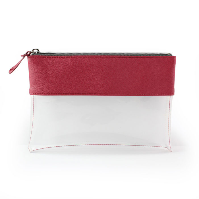 Rasperry Recycled Como Travel Pouch or Pencil Case with a clear body.