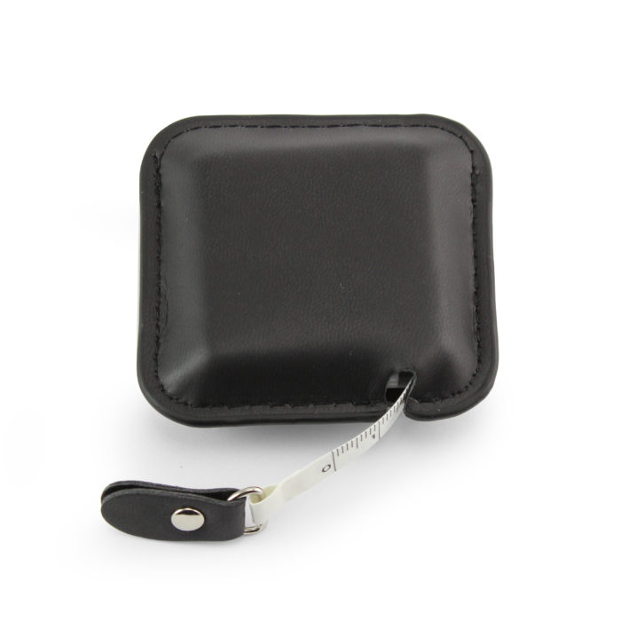 Black Square Retractable Tape Measure, in a soft touch vegan finish.