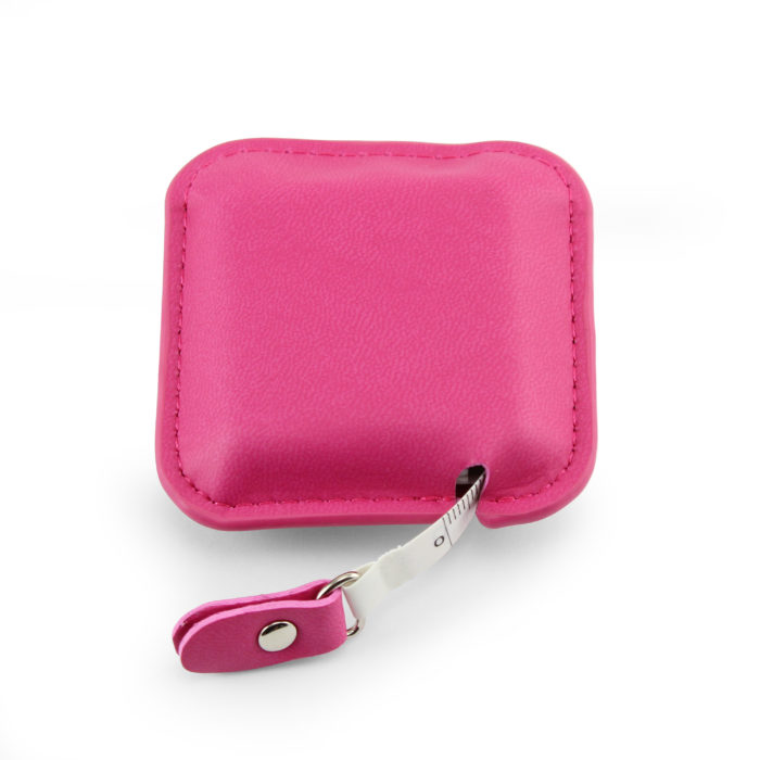 Hot-Pink Square Retractable Tape Measure, in a soft touch vegan finish.